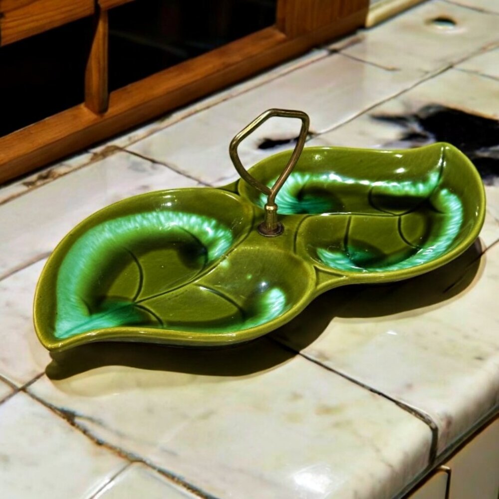 MCM Green Double Leaf Relish Snack Dish Brass Handle LEGO Japan Vintage Pottery